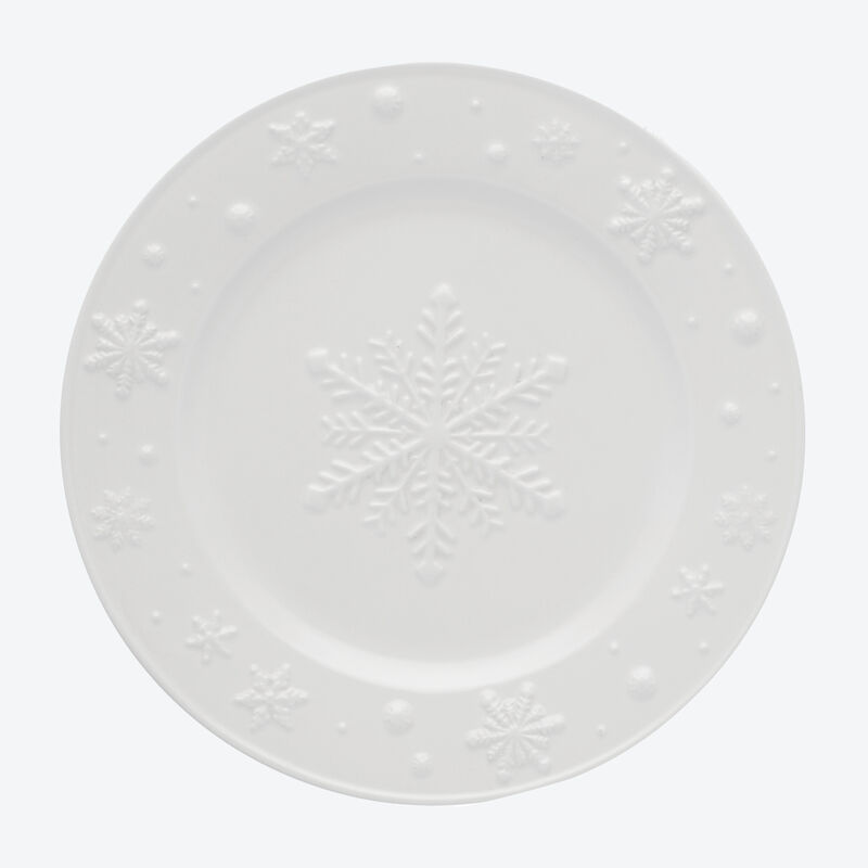 Assiette à dessert en porcelaine blanche motif Noël flocons rouges