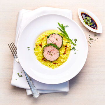 Image du produit pour 'Filet de veau en crote d'herbes sur un risotto alla Milanese'