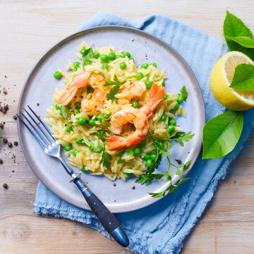 Image du produit pour 'Risoni  la sauce au citron, avec petits pois et crevettes'