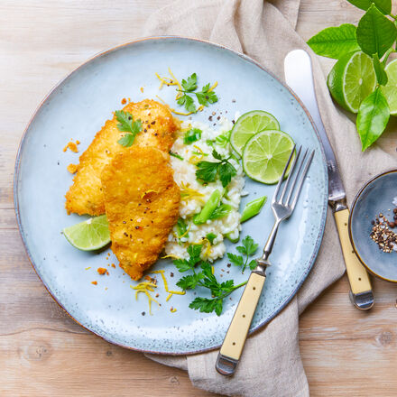 Image du produit pour 'Escalopes de poularde en crote de parmesan sur risotto au citron vert'