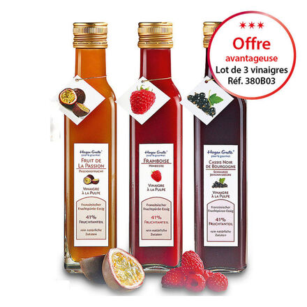 Image du produit pour 'Lot de 3 vinaigres  la pulpe de fruit - framboise, mangue, cassis'