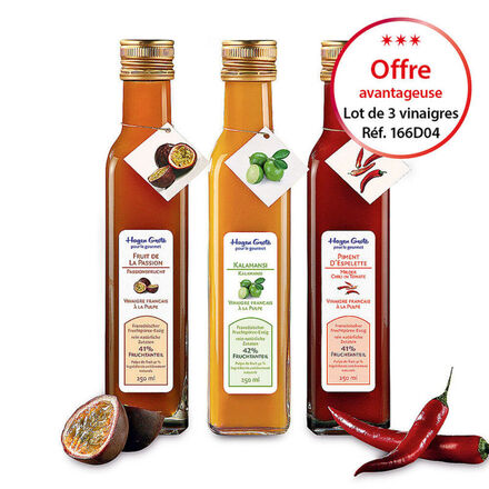 Image du produit pour 'Lot de 3 vinaigres  la pulpe de fruit - piment d'Espelette, fruit de la passion, pomme-miel'