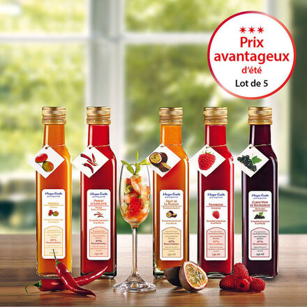 Image du produit pour 'Lot de 5 vinaigres  la pulpe de fruit - framboise, mangue, cassis, fruit de la passion, piment d'espelette'